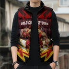Personalised Gold Coast Suns Football Sleeveless Puffer Jacket Electric Red Flame Mascot Charging Cityscape