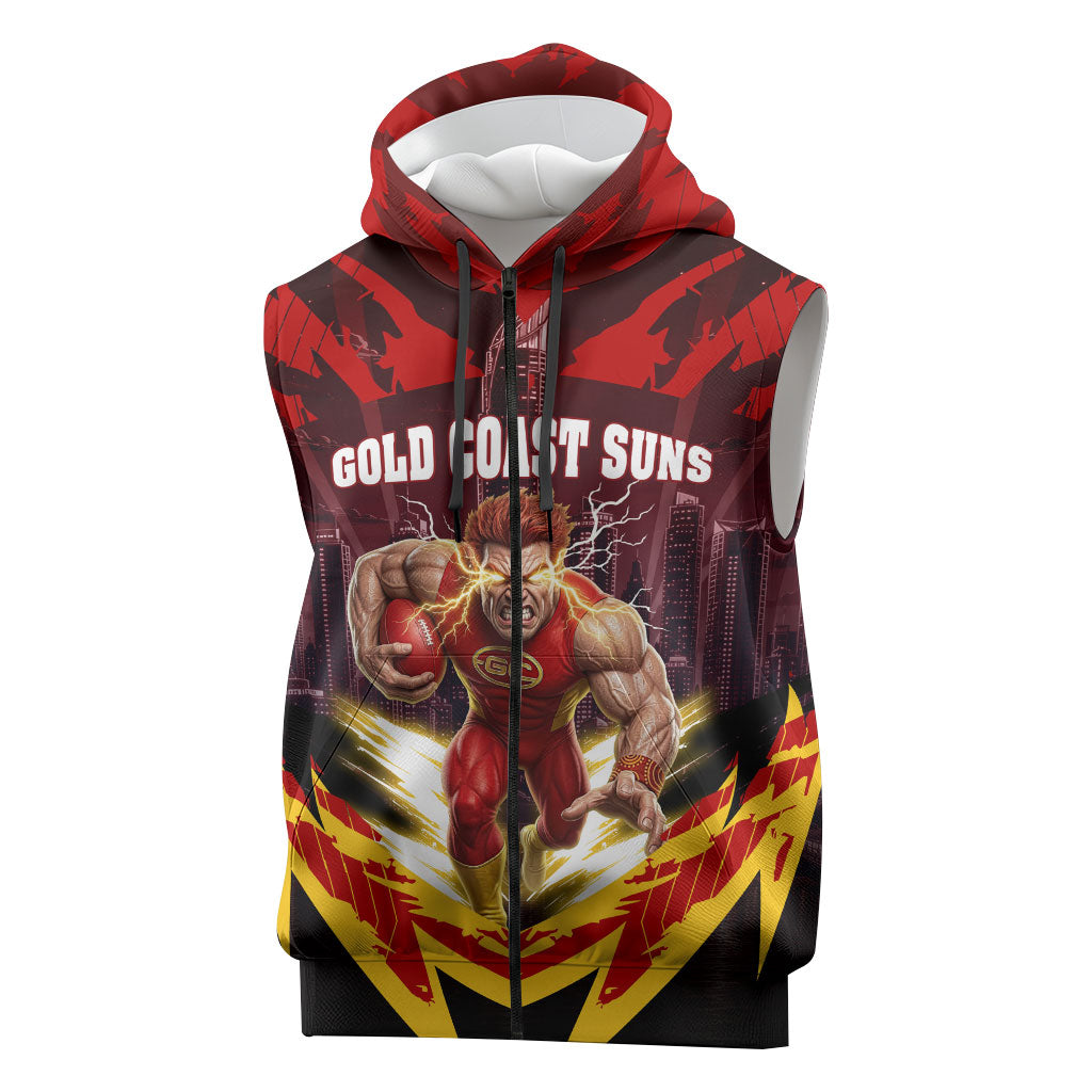 Personalised Gold Coast Suns Football Sleeveless Zip Hoodie Electric Red Flame Mascot Charging Cityscape
