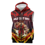 Personalised Gold Coast Suns Football Sleeveless Zip Hoodie Electric Red Flame Mascot Charging Cityscape