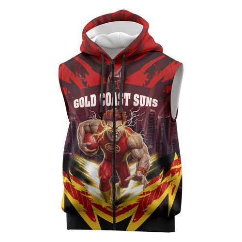 Personalised Gold Coast Suns Football Sleeveless Zip Hoodie Electric Red Flame Mascot Charging Cityscape