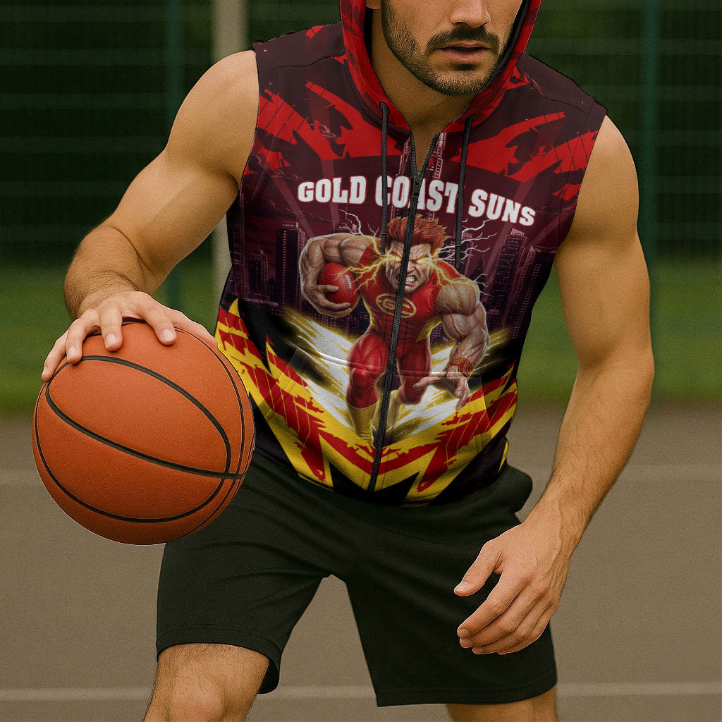 Personalised Gold Coast Suns Football Sleeveless Zip Hoodie Electric Red Flame Mascot Charging Cityscape