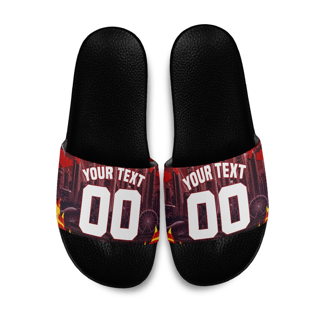 Personalised Gold Coast Suns Football Slide Sandals Electric Red Flame Mascot Charging Cityscape
