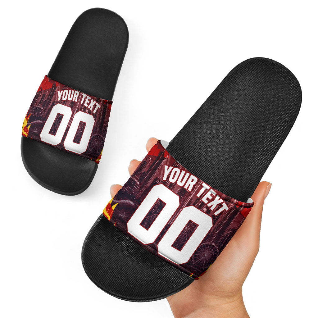 Personalised Gold Coast Suns Football Slide Sandals Electric Red Flame Mascot Charging Cityscape