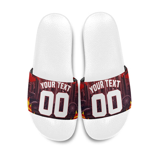 Personalised Gold Coast Suns Football Slide Sandals Electric Red Flame Mascot Charging Cityscape
