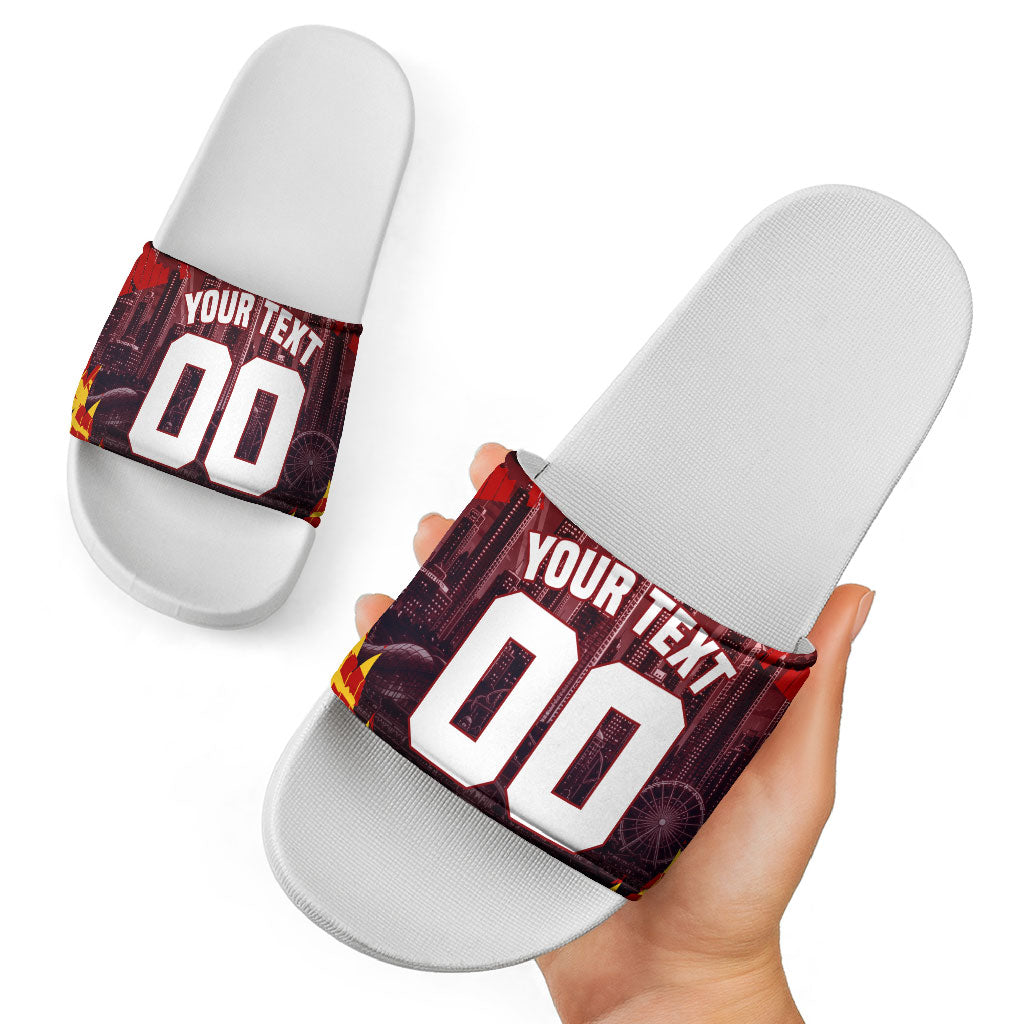 Personalised Gold Coast Suns Football Slide Sandals Electric Red Flame Mascot Charging Cityscape