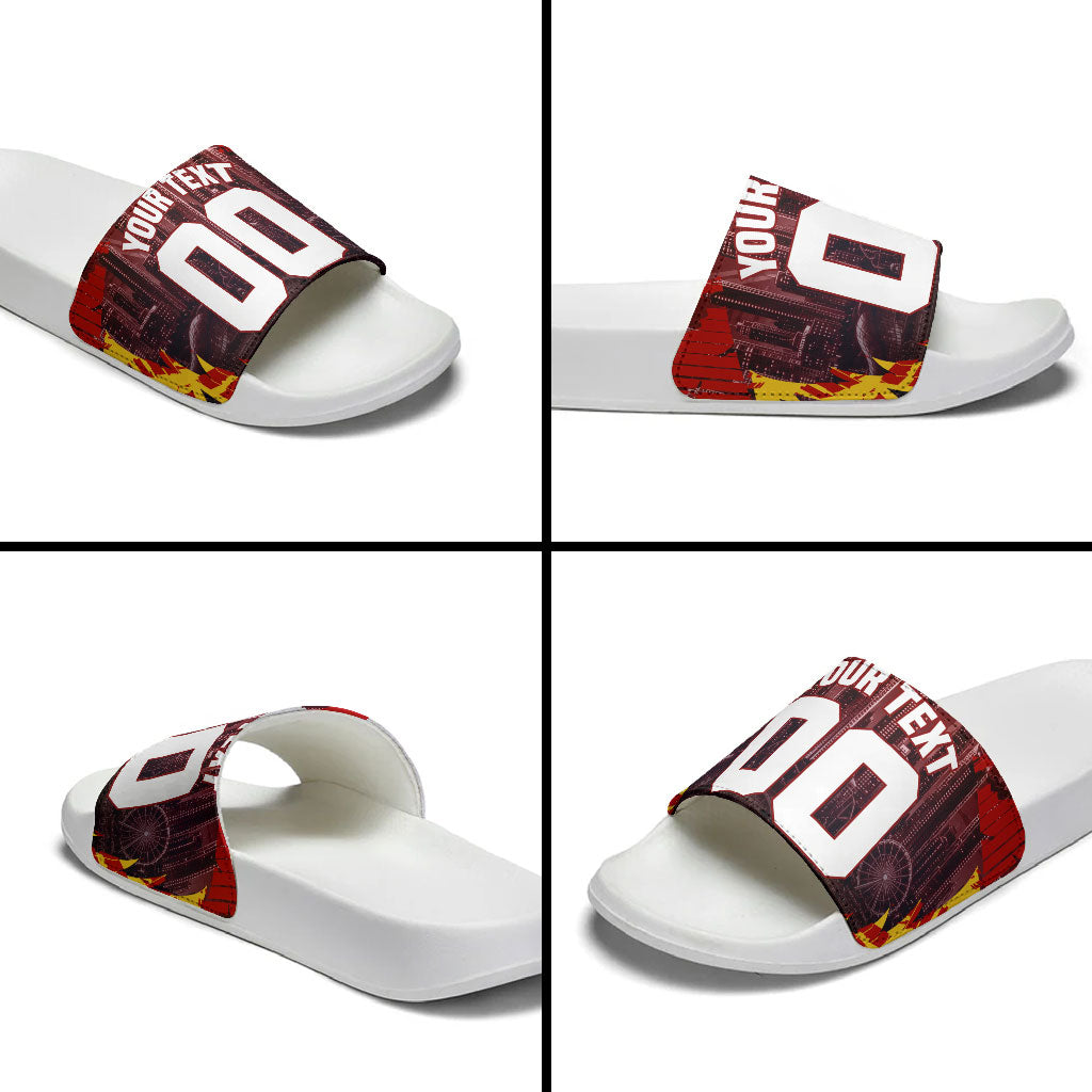 Personalised Gold Coast Suns Football Slide Sandals Electric Red Flame Mascot Charging Cityscape