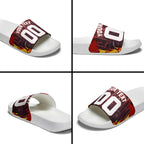 Personalised Gold Coast Suns Football Slide Sandals Electric Red Flame Mascot Charging Cityscape