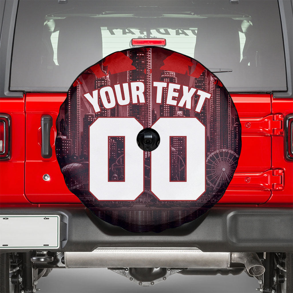 Personalised Gold Coast Suns Football Spare Tire Cover Electric Red Flame Mascot Charging Cityscape