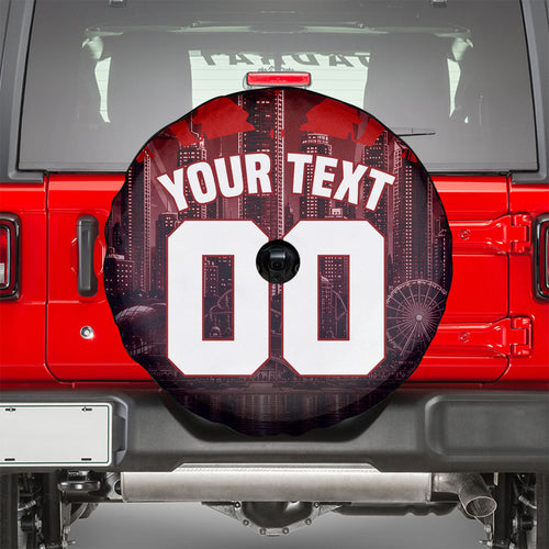 Personalised Gold Coast Suns Football Spare Tire Cover Electric Red Flame Mascot Charging Cityscape