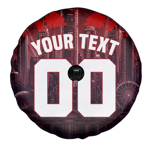 Personalised Gold Coast Suns Football Spare Tire Cover Electric Red Flame Mascot Charging Cityscape