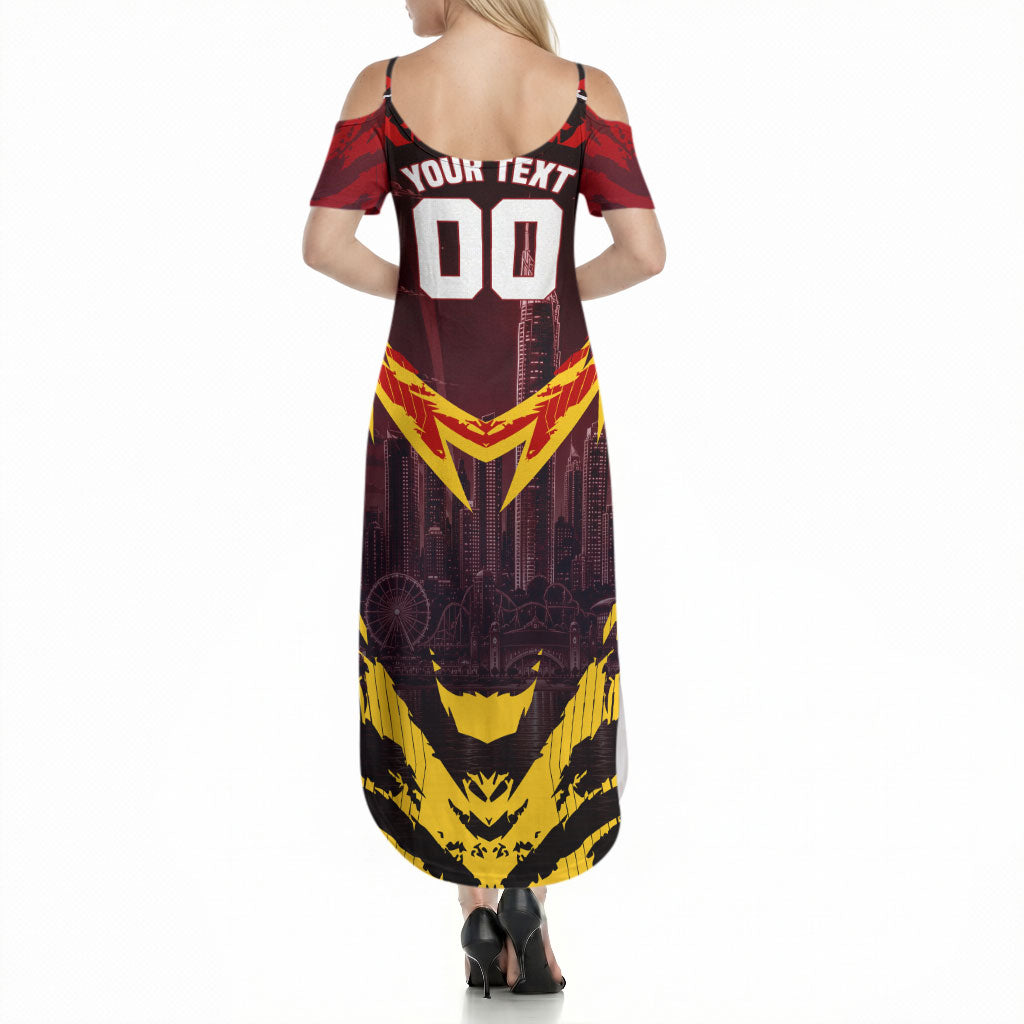Personalised Gold Coast Suns Football Summer Maxi Dress Electric Red Flame Mascot Charging Cityscape