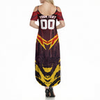 Personalised Gold Coast Suns Football Summer Maxi Dress Electric Red Flame Mascot Charging Cityscape