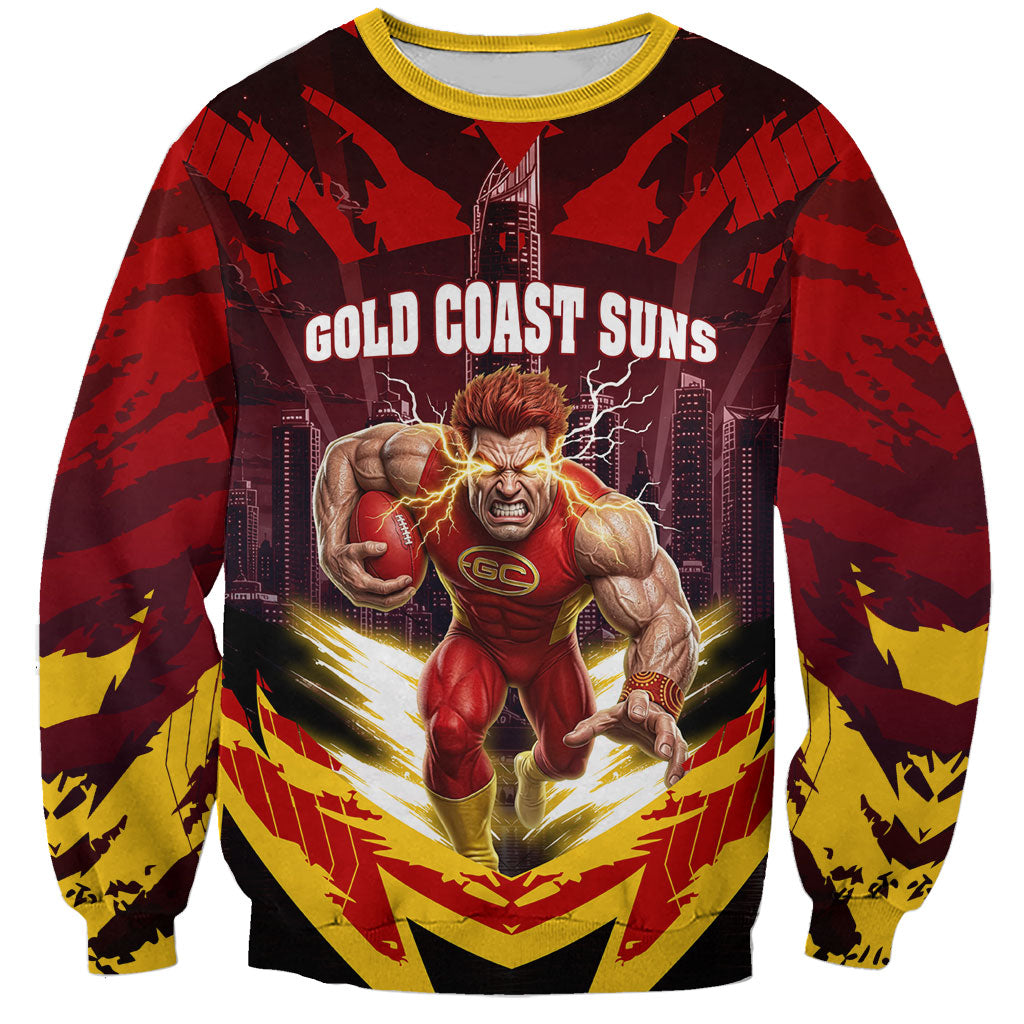 Personalised Gold Coast Suns Football Sweatshirt Electric Red Flame Mascot Charging Cityscape