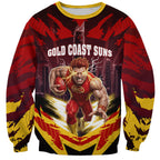 Personalised Gold Coast Suns Football Sweatshirt Electric Red Flame Mascot Charging Cityscape