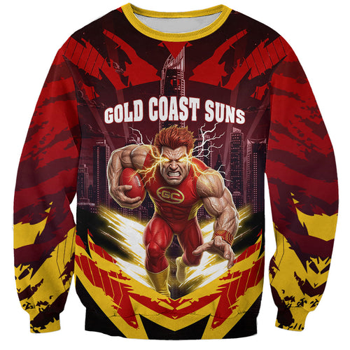 Personalised Gold Coast Suns Football Sweatshirt Electric Red Flame Mascot Charging Cityscape