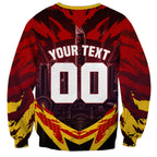Personalised Gold Coast Suns Football Sweatshirt Electric Red Flame Mascot Charging Cityscape