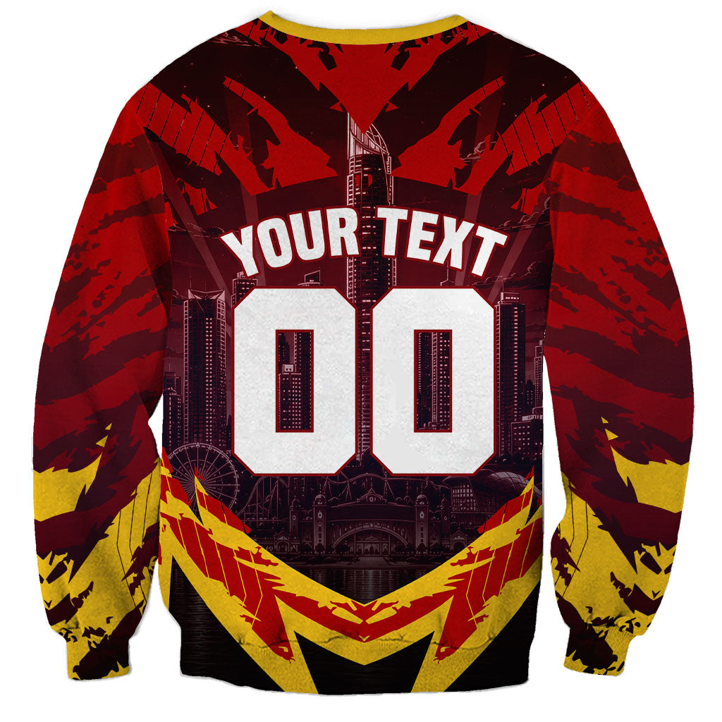 Personalised Gold Coast Suns Football Sweatshirt Electric Red Flame Mascot Charging Cityscape