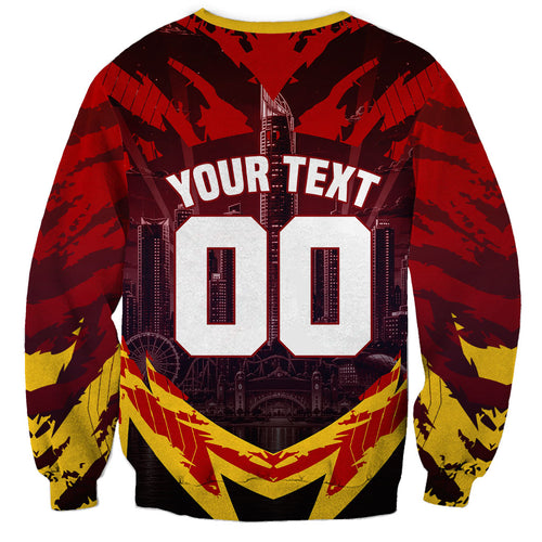 Personalised Gold Coast Suns Football Sweatshirt Electric Red Flame Mascot Charging Cityscape