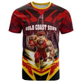 Personalised Gold Coast Suns Football T Shirt Electric Red Flame Mascot Charging Cityscape
