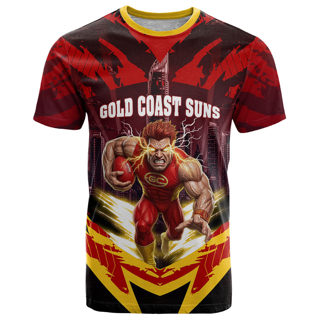 Personalised Gold Coast Suns Football T Shirt Electric Red Flame Mascot Charging Cityscape
