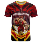 Personalised Gold Coast Suns Football T Shirt Electric Red Flame Mascot Charging Cityscape