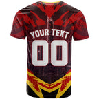 Personalised Gold Coast Suns Football T Shirt Electric Red Flame Mascot Charging Cityscape