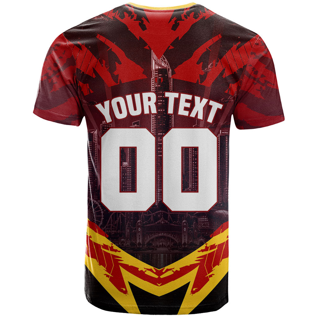 Personalised Gold Coast Suns Football T Shirt Electric Red Flame Mascot Charging Cityscape