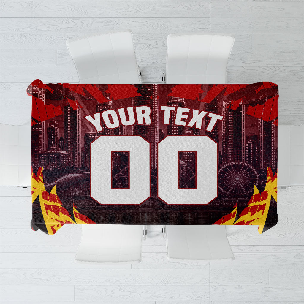 Personalised Gold Coast Suns Football Tablecloth Electric Red Flame Mascot Charging Cityscape