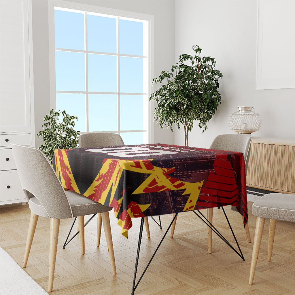 Personalised Gold Coast Suns Football Tablecloth Electric Red Flame Mascot Charging Cityscape