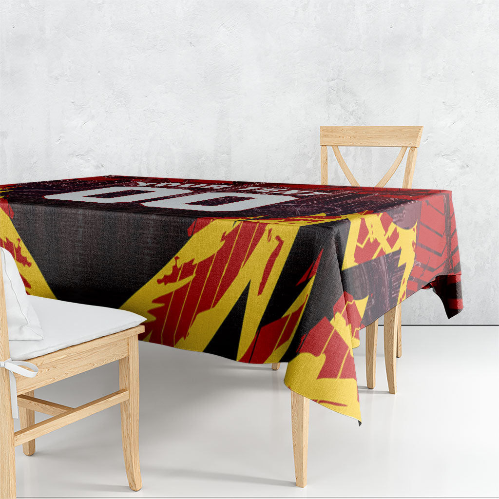 Personalised Gold Coast Suns Football Tablecloth Electric Red Flame Mascot Charging Cityscape
