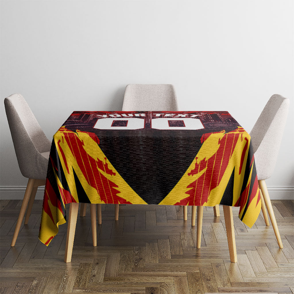 Personalised Gold Coast Suns Football Tablecloth Electric Red Flame Mascot Charging Cityscape
