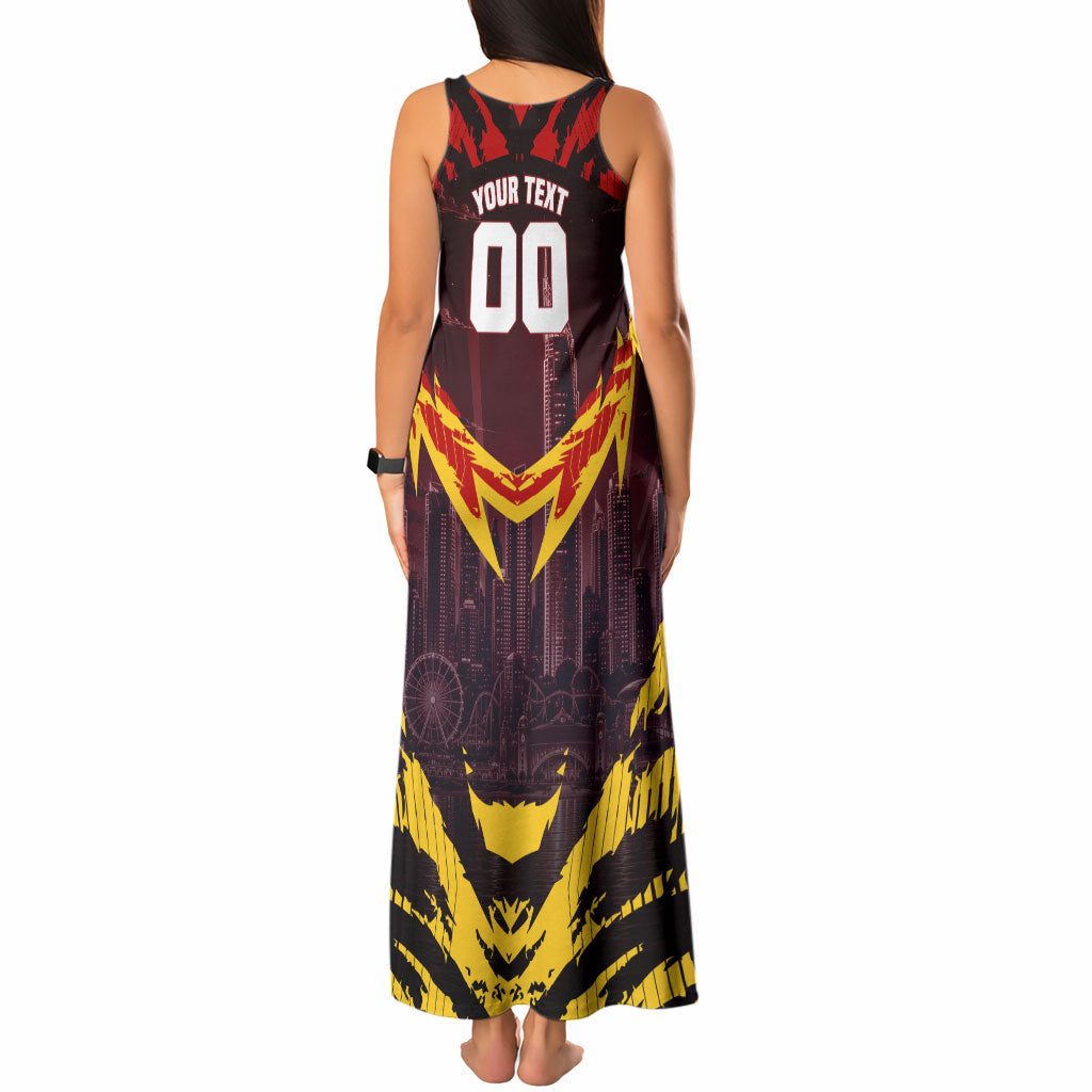 Personalised Gold Coast Suns Football Tank Maxi Dress Electric Red Flame Mascot Charging Cityscape