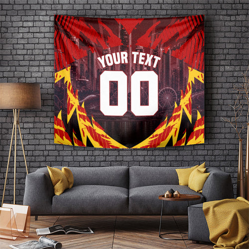 Personalised Gold Coast Suns Football Tapestry Electric Red Flame Mascot Charging Cityscape