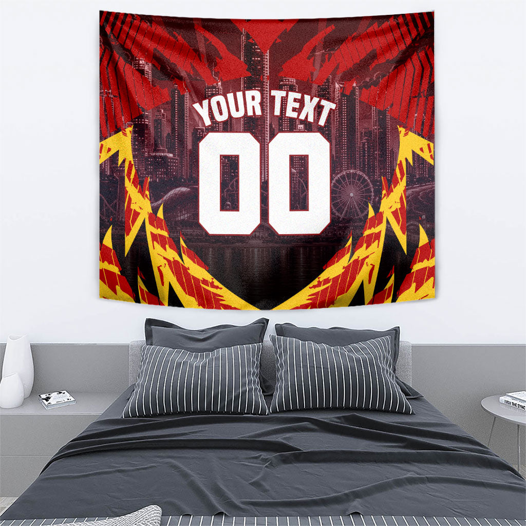 Personalised Gold Coast Suns Football Tapestry Electric Red Flame Mascot Charging Cityscape
