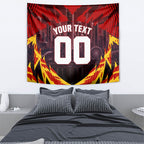 Personalised Gold Coast Suns Football Tapestry Electric Red Flame Mascot Charging Cityscape