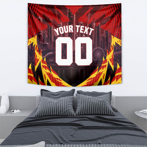 Personalised Gold Coast Suns Football Tapestry Electric Red Flame Mascot Charging Cityscape