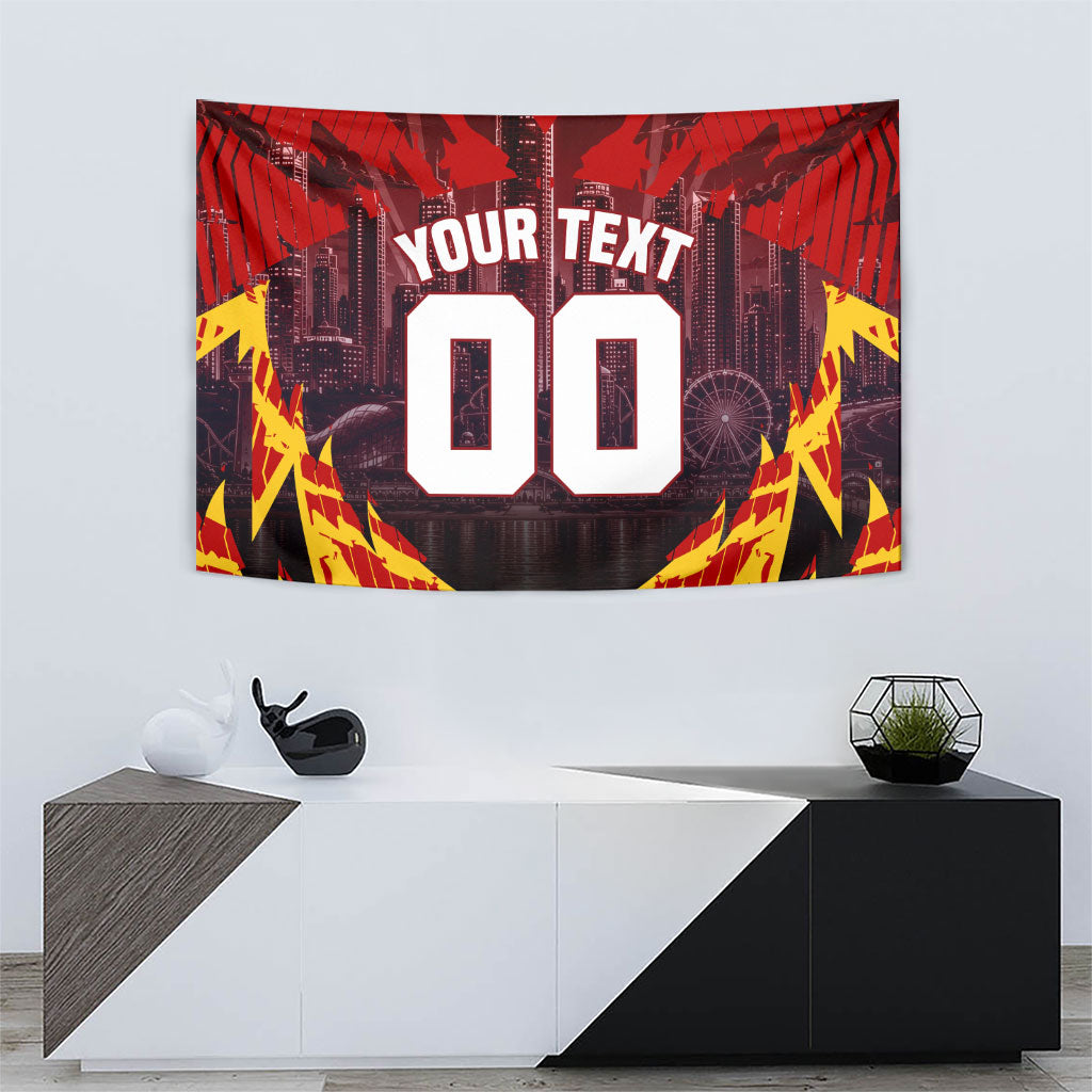 Personalised Gold Coast Suns Football Tapestry Electric Red Flame Mascot Charging Cityscape