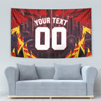Personalised Gold Coast Suns Football Tapestry Electric Red Flame Mascot Charging Cityscape