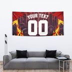 Personalised Gold Coast Suns Football Tapestry Electric Red Flame Mascot Charging Cityscape
