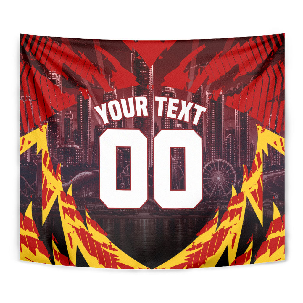 Personalised Gold Coast Suns Football Tapestry Electric Red Flame Mascot Charging Cityscape