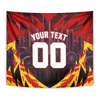 Personalised Gold Coast Suns Football Tapestry Electric Red Flame Mascot Charging Cityscape