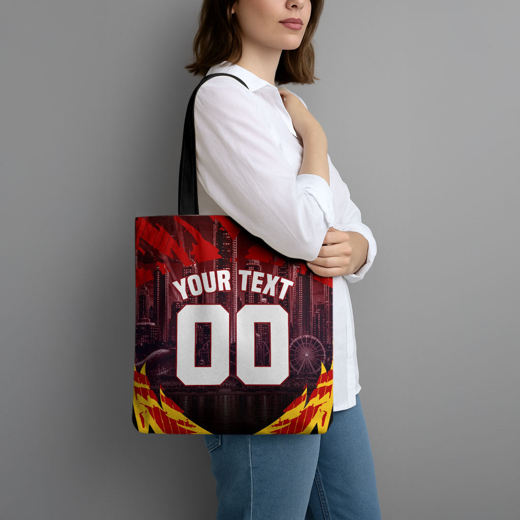 Personalised Gold Coast Suns Football Tote Bag Electric Red Flame Mascot Charging Cityscape