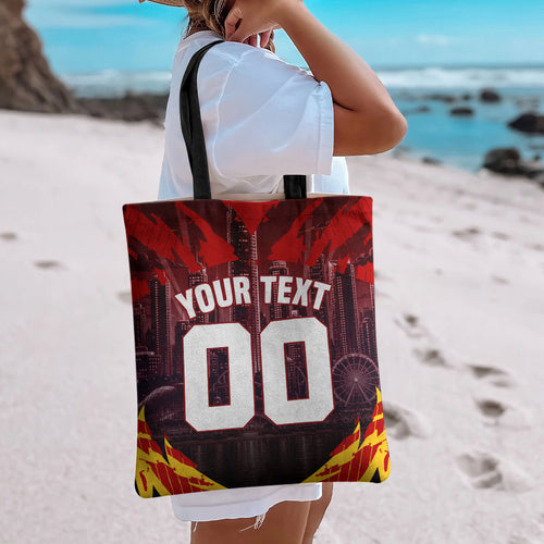 Personalised Gold Coast Suns Football Tote Bag Electric Red Flame Mascot Charging Cityscape