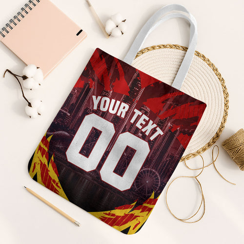 Personalised Gold Coast Suns Football Tote Bag Electric Red Flame Mascot Charging Cityscape