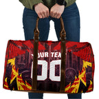 Personalised Gold Coast Suns Football Travel Bag Electric Red Flame Mascot Charging Cityscape