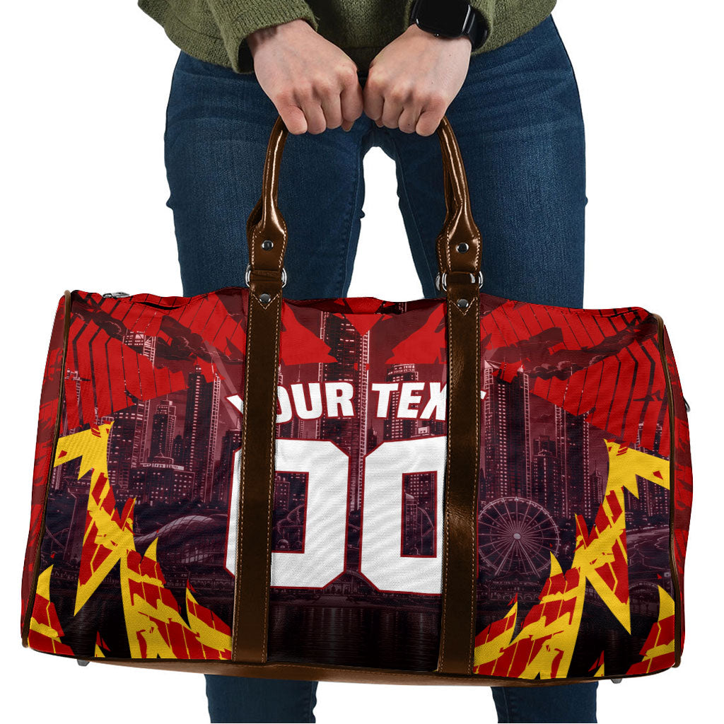 Personalised Gold Coast Suns Football Travel Bag Electric Red Flame Mascot Charging Cityscape