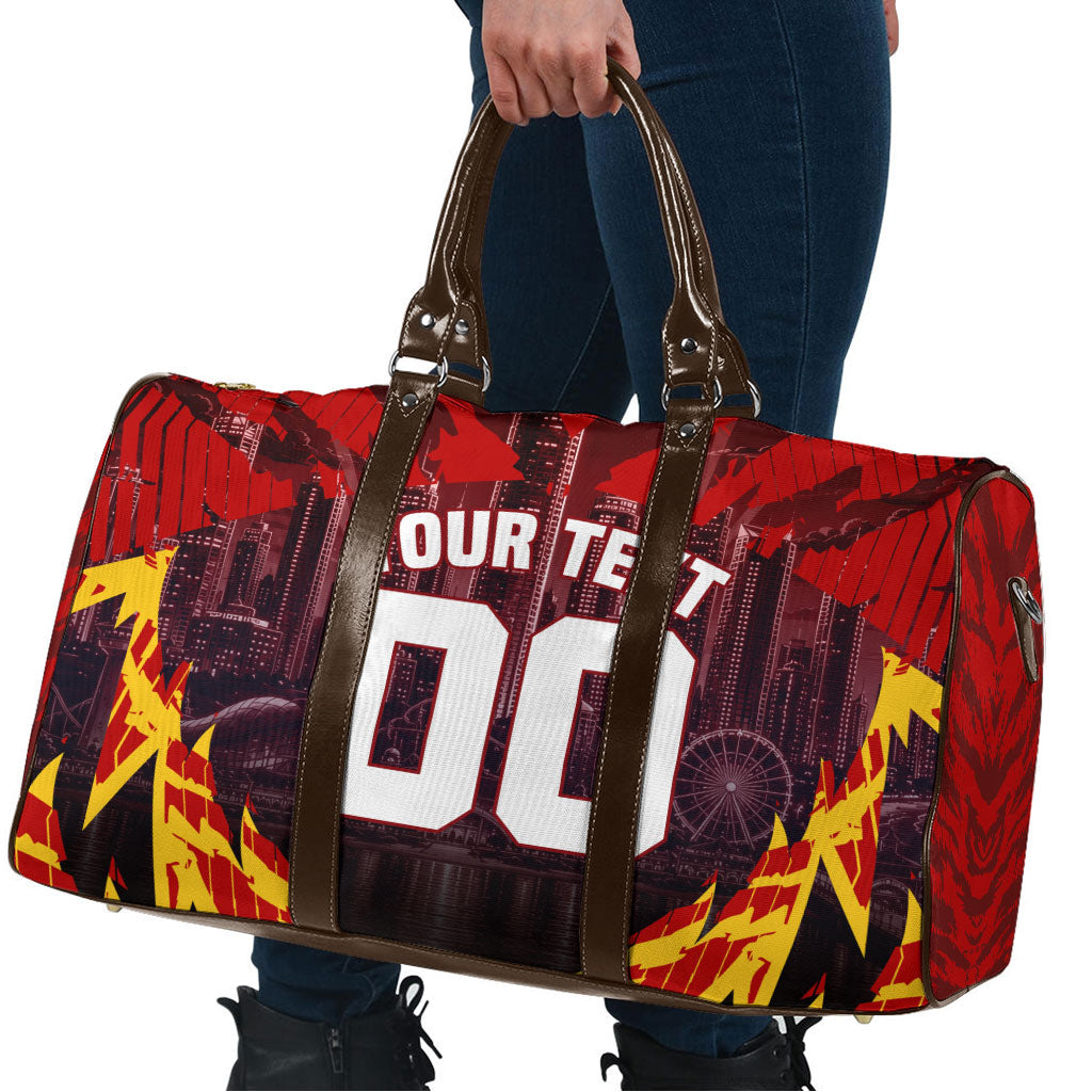 Personalised Gold Coast Suns Football Travel Bag Electric Red Flame Mascot Charging Cityscape