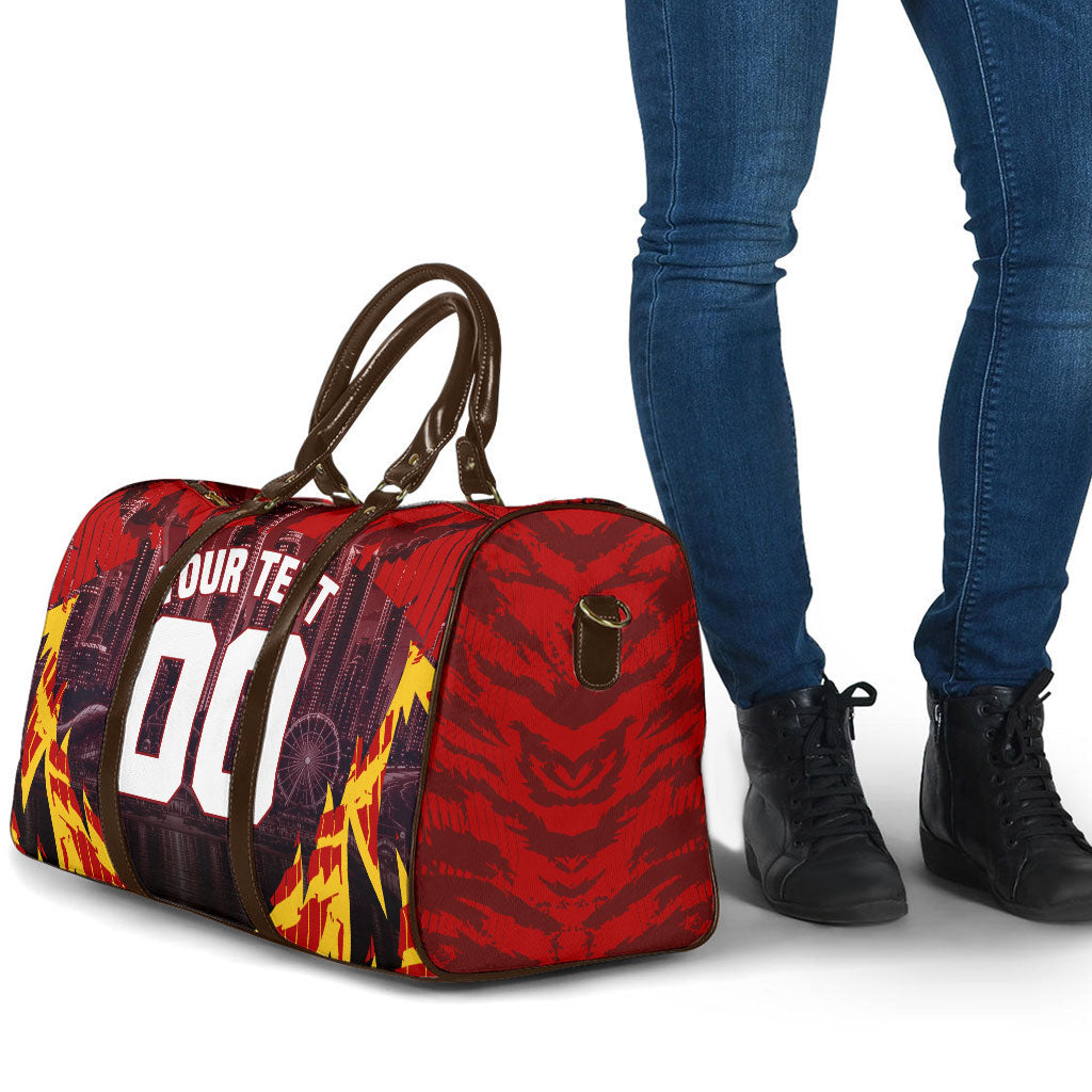 Personalised Gold Coast Suns Football Travel Bag Electric Red Flame Mascot Charging Cityscape