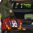 Personalised Gold Coast Suns Football Travel Bag Electric Red Flame Mascot Charging Cityscape