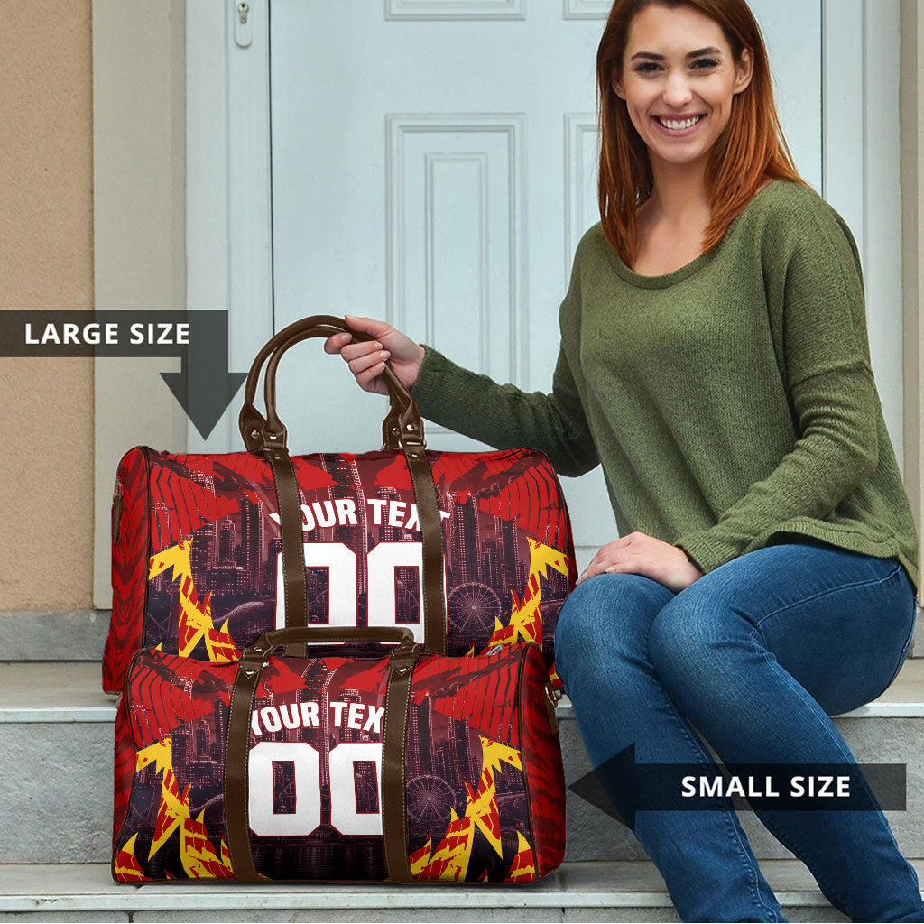 Personalised Gold Coast Suns Football Travel Bag Electric Red Flame Mascot Charging Cityscape